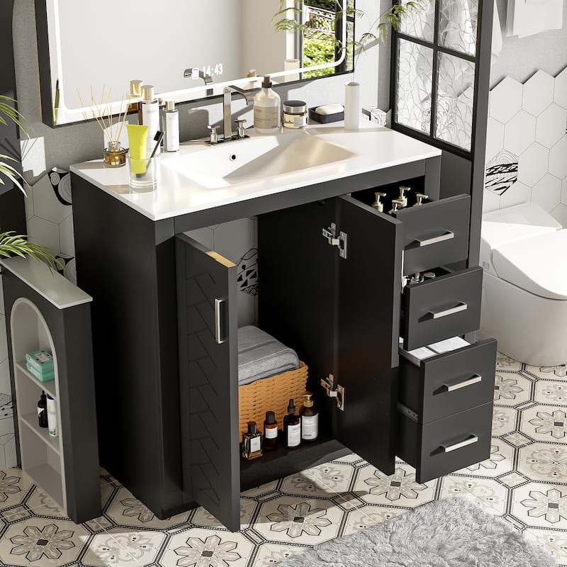 48" Bathroom Vanity with Resin Sink, Soft-Close 6 Drawers & Double Doors with 2-Tier Shelves, Solid Pine Legs, White