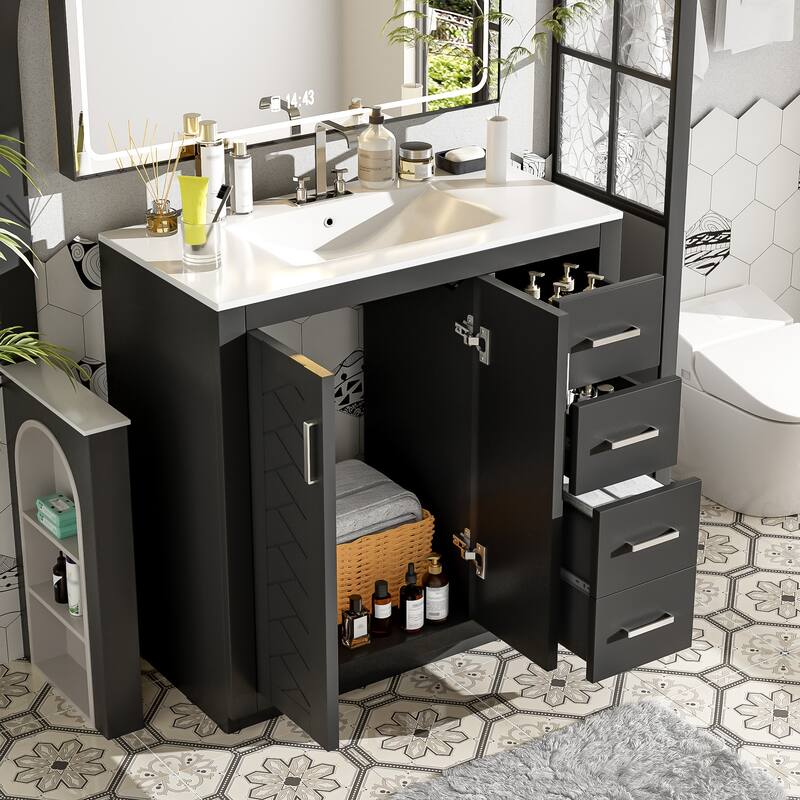 GDFStudio 36'' Bathroom Vanity with Ceramic Sink,Freestanding Vanity Set with 3 Drawers& Soft Closing Doors - Black