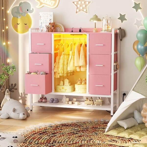 6 Drawers Kid's Dresser with LED Light, Closet Organizer