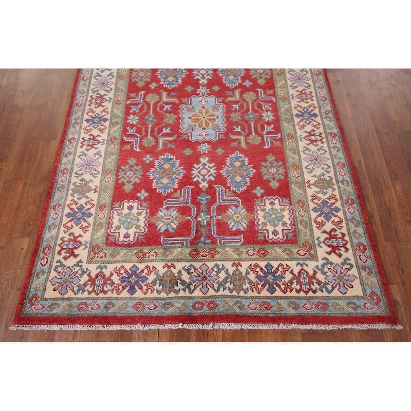 Red Kazak Oriental Accent Rug Hand-Knotted Geometric Wool Carpet - 4'0" x 5'9"