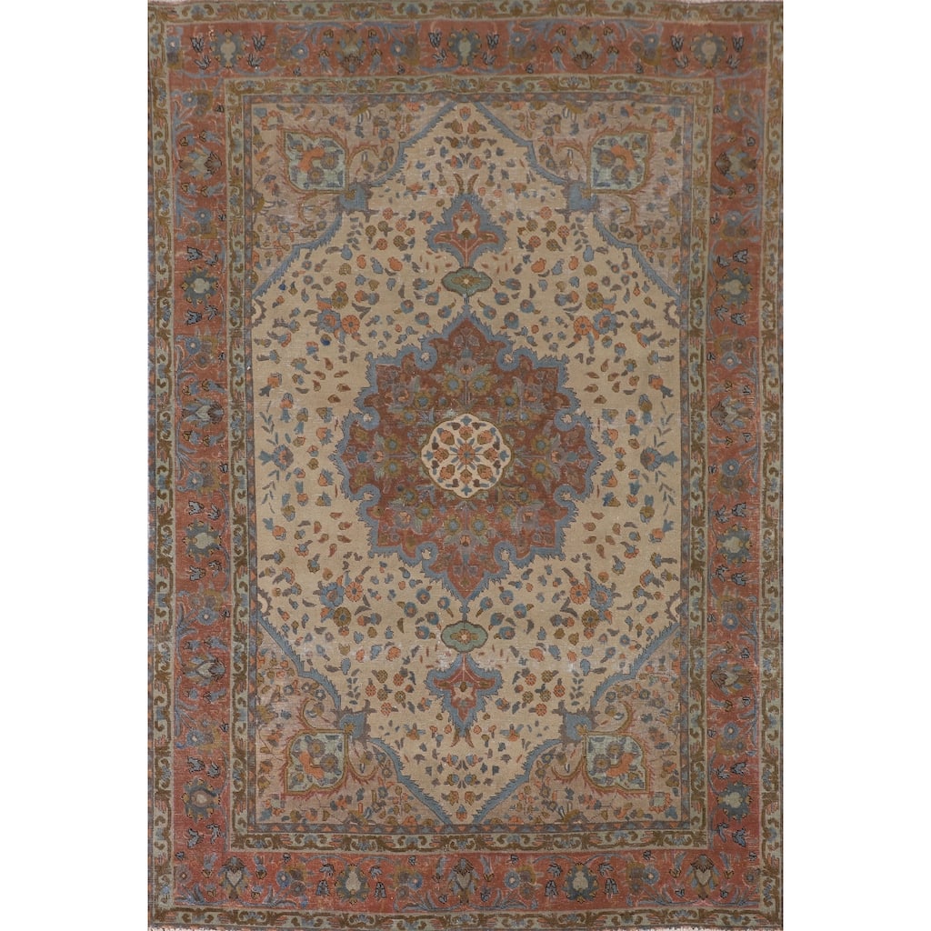 Tabriz Persian Vintage Rug Handmade Floral Wool Carpet - 6'5"x 9'4"