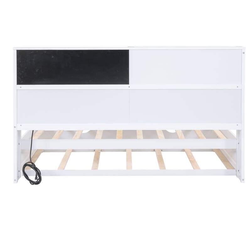 Full Size Wood Daybed with Storage Shelves, Blackboard, Cork Board, USB Charging Ports, and Trundle