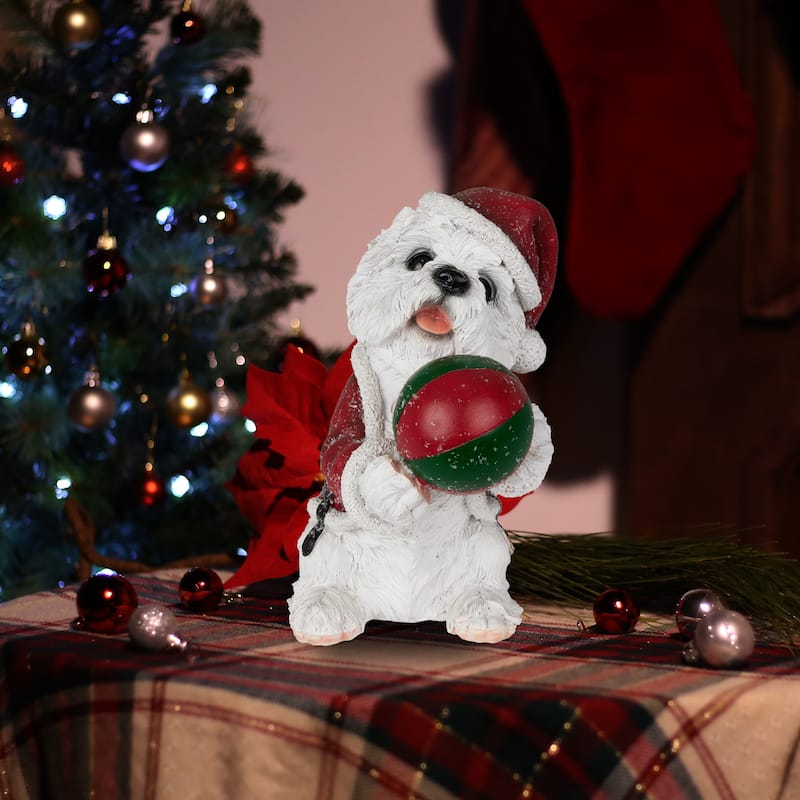Christmas Santa White Dog Holding Ball Statuary - 11" H