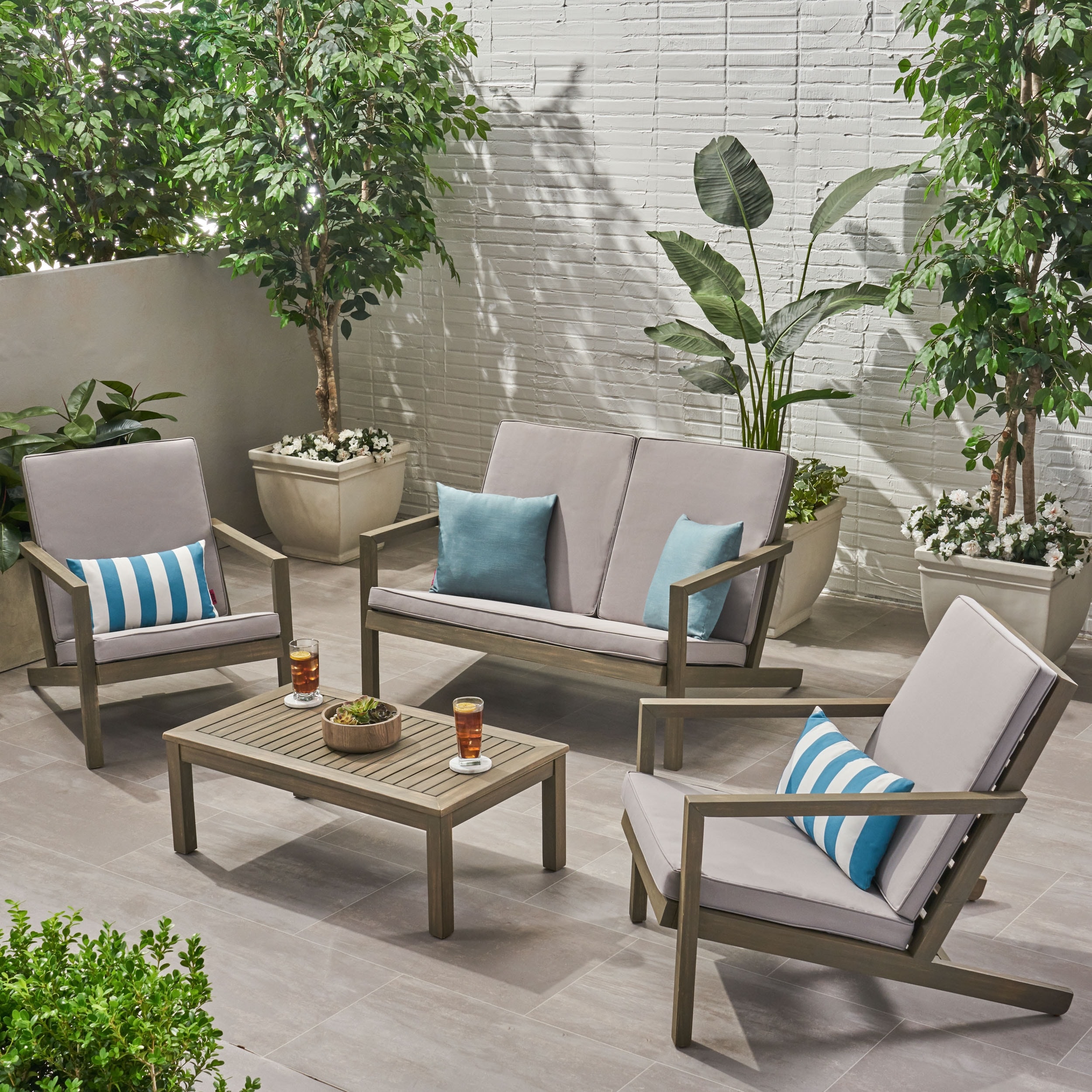 Roomfitters 4-Piece Outdoor Chat Set, Patio Conversation Furniture with Chairs, Loveseat and Table, Beige