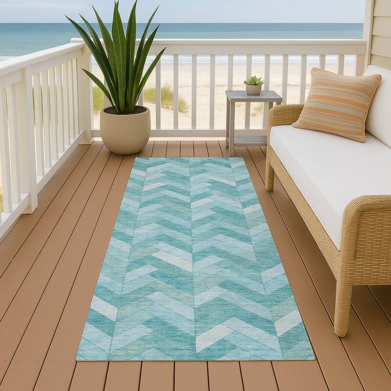 Machine Washable Indoor/ Outdoor Modern Chevron Chantille Rug - Aqua - 2'3" x 7'6"