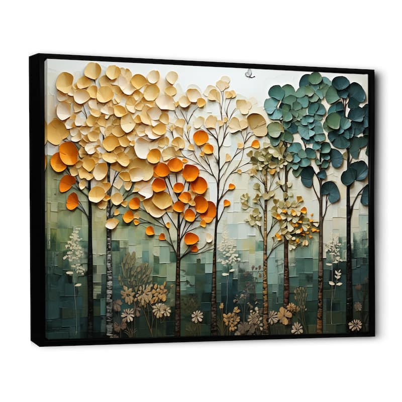 Designart "Orange Green Trees Canopy Patchwork I" Landscape Trees Framed Wall Art Living Room