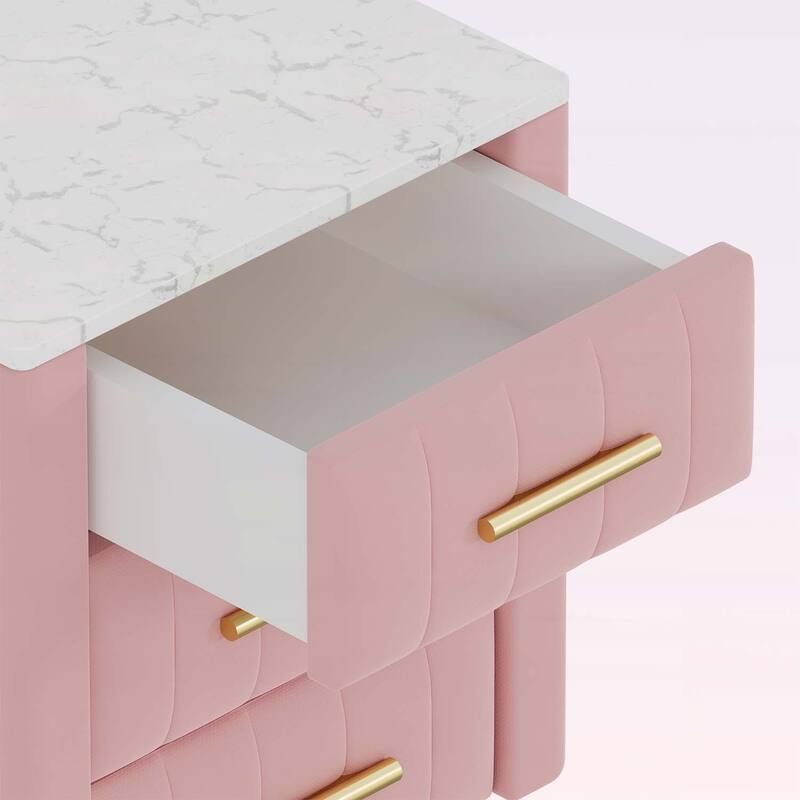 Stylish Design Upholstered Nightstand with 3 Drawers and Metal Legs & Handles