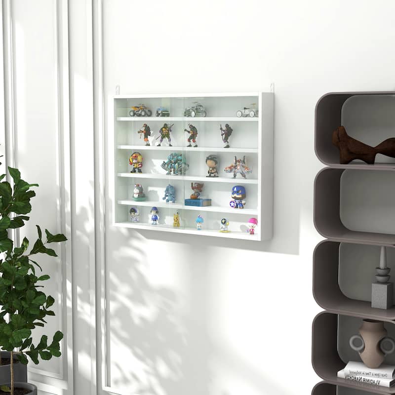 5-Tier Wall-Mounted Glass Display Case with Adjustable Shelves - White