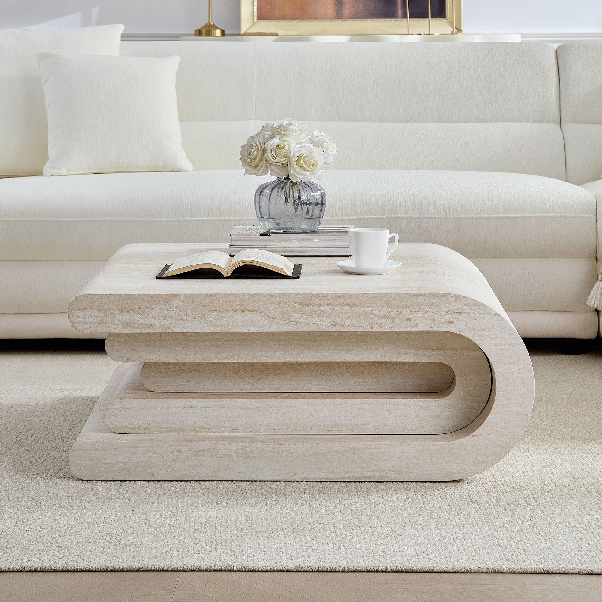 33.86" Modern Square Faux Travertine Pattern Coffee Table