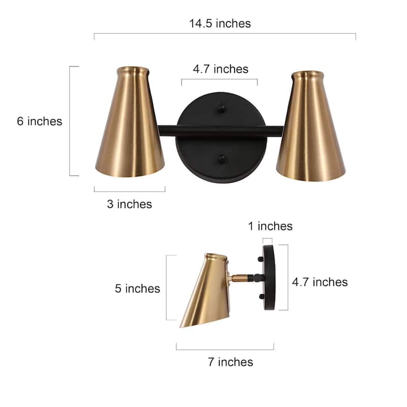 Modern 2-Light Black Gold Bathroom Vanity Light Dimmable Metal Wall Sconces
