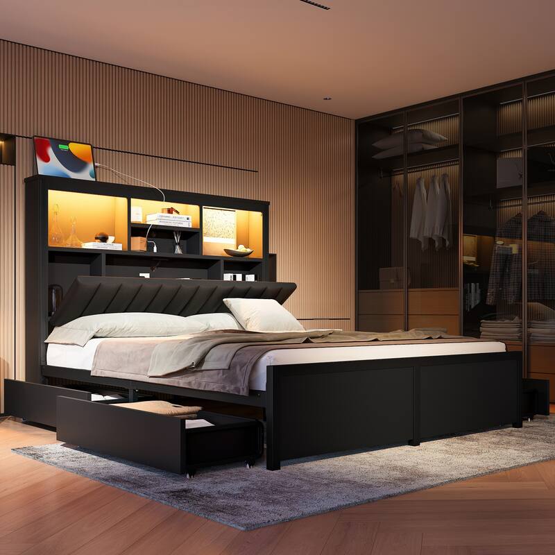 King/Queen Storage Bed with LED Headboard, Charging Station & 4 Drawers - Black - Queen