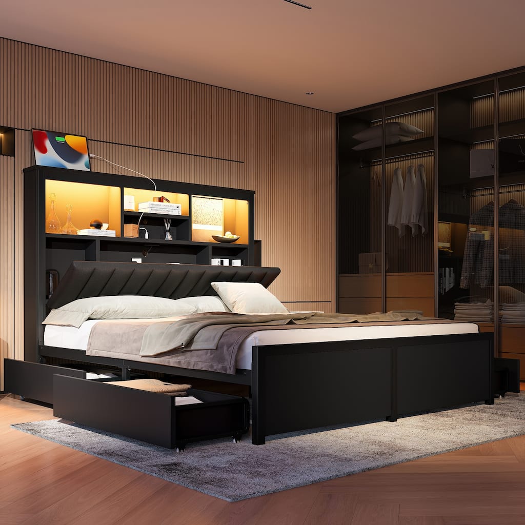 King/Queen Storage Bed with LED Headboard, Charging Station & 4 Drawers