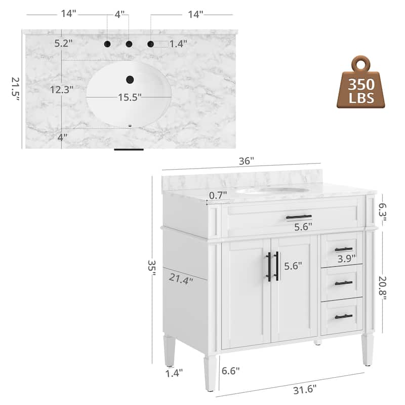 36/48/60 in. Bathroom Vanity with Ceramic Undermount Sink, Wood Cabinet, and storage drawers