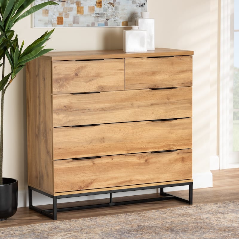 Franklin Oak Wood and Black Metal 5-drawer Bedroom Chest