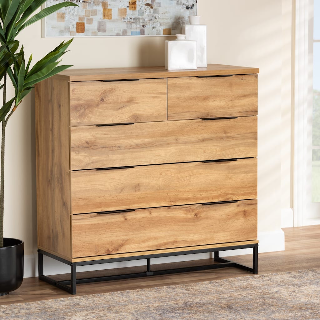 Franklin Oak Wood and Black Metal 5-drawer Bedroom Chest