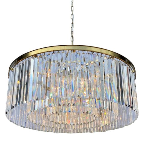 D Angelo 12 Light Round Clear Glass Crystal Prism Chandelier Brass