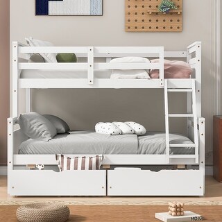 Twin over Full Bunk Bed with Ladder, Two Storage Drawers, Safety Guardrail, Convertible Wood Platform Bed Frame for Kids