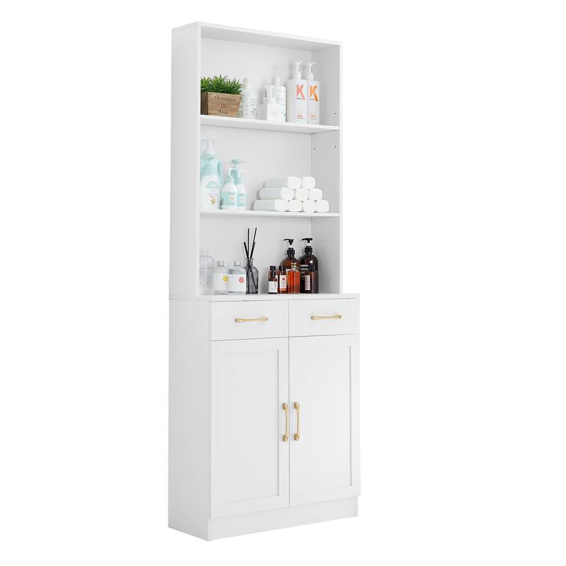 Storage Cabinet for Bathroom, 2 Doors Wooden Cabinet with 2 Drawers Three-layer Open Shelf, Bathroom Floor Cabinets