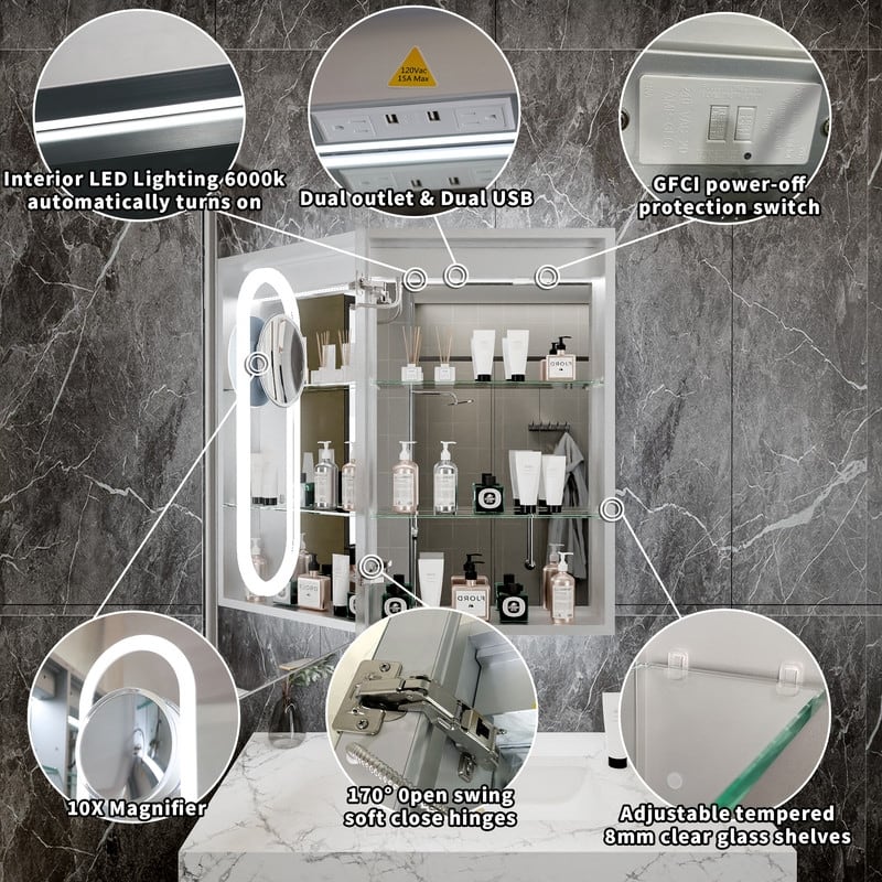 MEDUNJESS 20'' x 32'' Frameless Bathroom Cabinet with Defogging