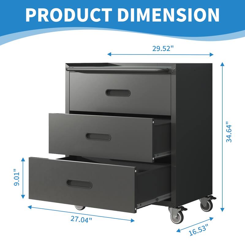 Black and Grey Steel Storage Cabinet with Raised Top and Smooth Sliding Drawers for Garage - 29.53"W x 16.54"D x 34.65"H