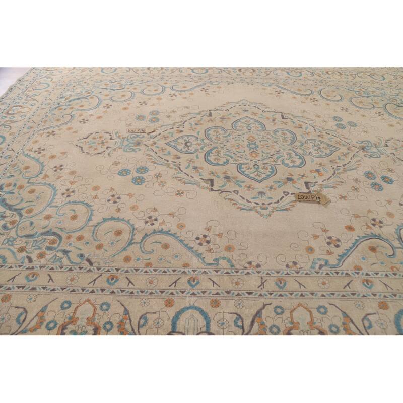 Hand Knotted Oriental 100% Wool Carpet Traditional Floral Beige & Ivories Tabriz Area Rug - 12' 7'' X 9' 5''