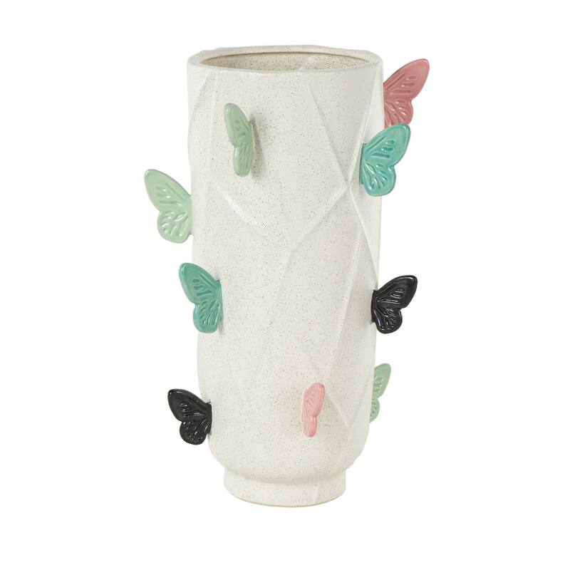 White Ceramic Wide Butterfly Decorative Vase with Multicolor Accents