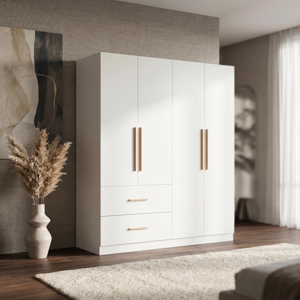 63" White Wardrobe Closet with 4 Doors & 2 Drawers, Freestanding Armoire Wardrobe Cabinet with Hanging Rods
