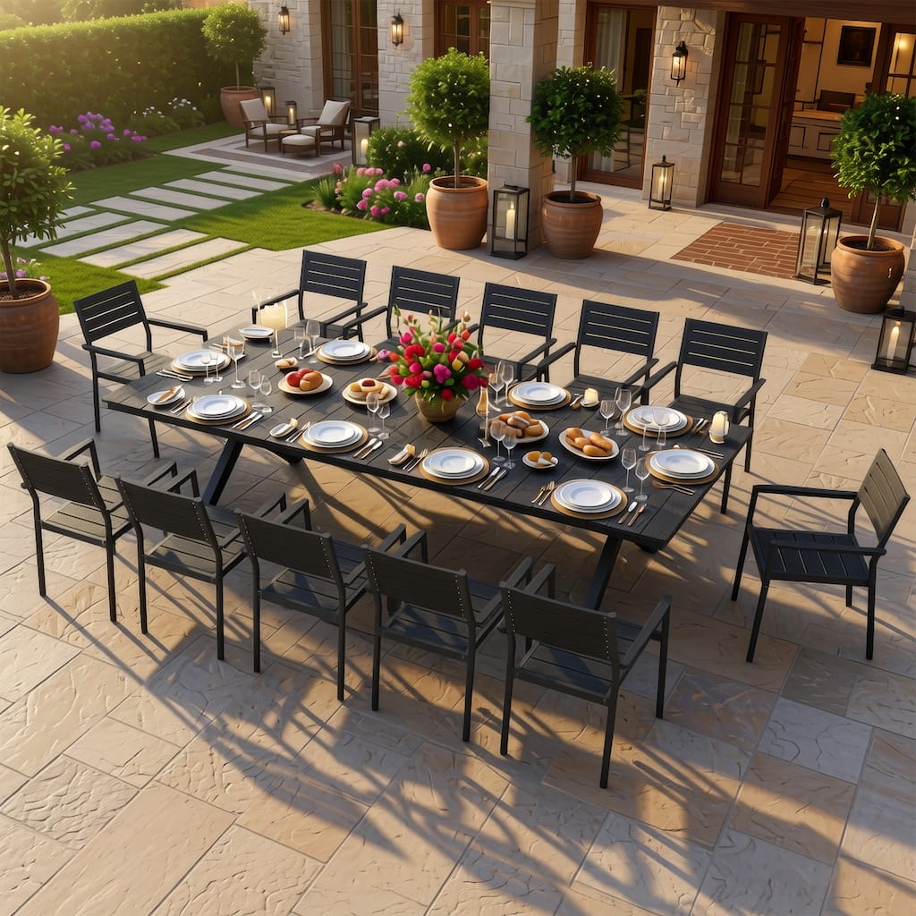 11/13-Piece Set Outdoor Aluminum Rectangular Dining Table with Umbrella Hole and Stackable Chairs