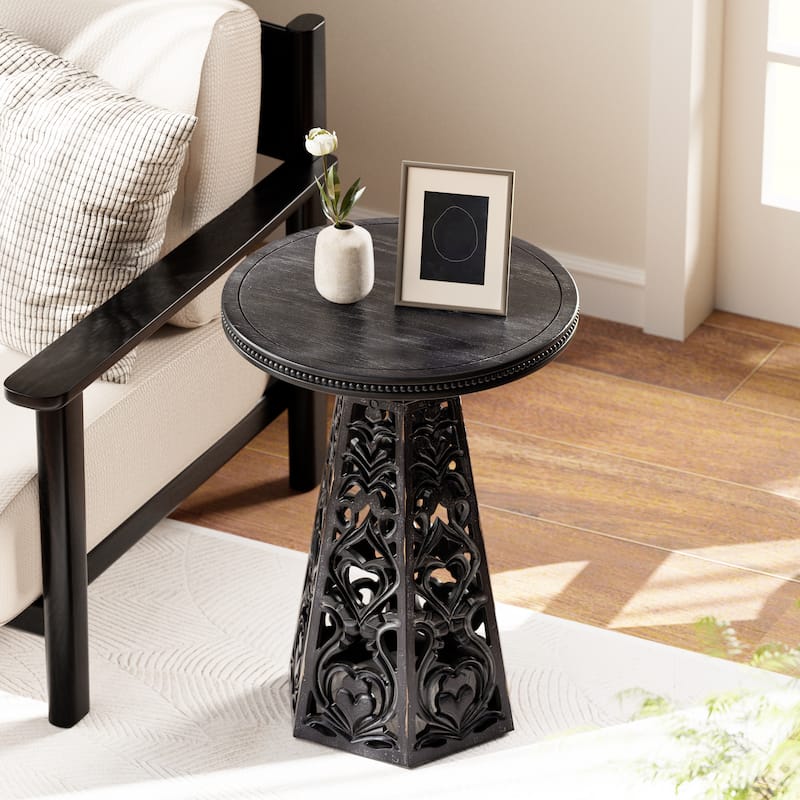 COZAYH Rustic Farmhouse Wooden End Table, Distressed Round Accent Table with Intricate Carved Floral Patterns, Boho - Black