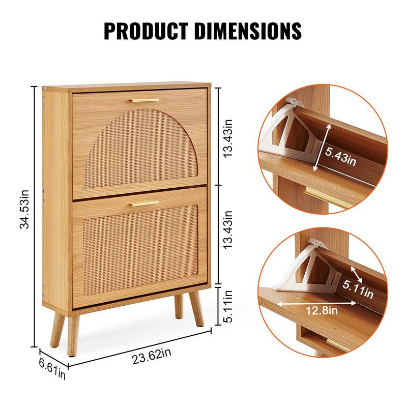 Shoe Cabinet with Flip Drawers Rattan Doors Entryway Storage Organizer - 23.62 x 6.61 x 34.53 inch