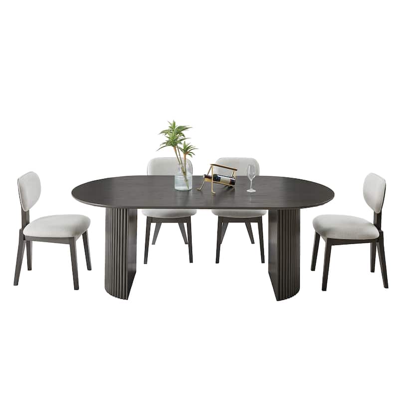 Valencia 5-Piece 80" Oval Gray Oak Finish Dining Set with Dual Pedestal Base & Light Gray Fabric Upholstered Chairs