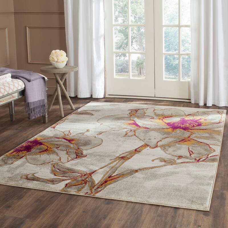 SAFAVIEH Porcello Adelphine Modern Watercolor Floral Rug - 4'1" x 6' - Ivory/Grey - Rectangle