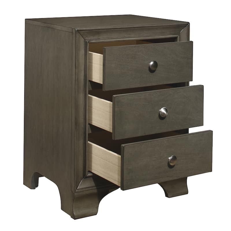 Elegant Gray Finish Nightstand - Polished Chrome Tone Knobs - Convenient USB Charging