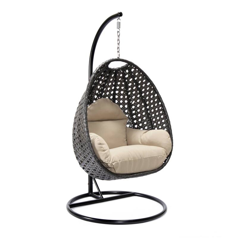 LeisureMod Charcoal Single Seater Rattan Wicker Egg Swing Hanging Chair for Indoor Outdoor Patio Porch Backyard Garden - Taupe