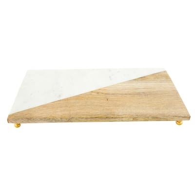 Mango Wood & Marble Cutting Board/Serving Tray with Brass Feet