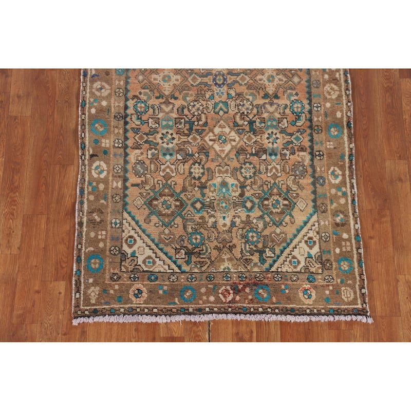 Geometric Hamedan Persian Vintage Runner Rug Handmade Wool Carpet - 3'5" x 9'5"