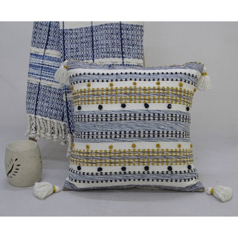 Vibhsa 20"x20" Designer Striped Pillow with Mini Poms and Tassels