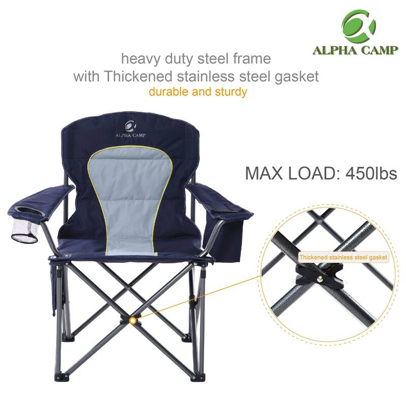 Oversized Camping Folding Chair Heavy Duty Support 450 LBS Steel Frame Collapsible Padded Arm Chair with Cup Holder