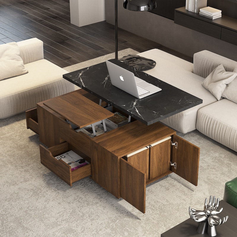 Modern Lift-Up Coffee Table with 2 Stools Set Expandable Hidden Storage + Drawers Space Saving Folding Dining Table