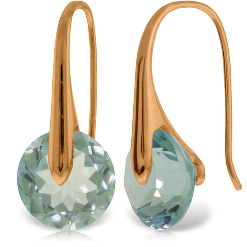 14K Solid Gold Fish Hook Blue Topaz Genuine Gemstone Earrings - Rose