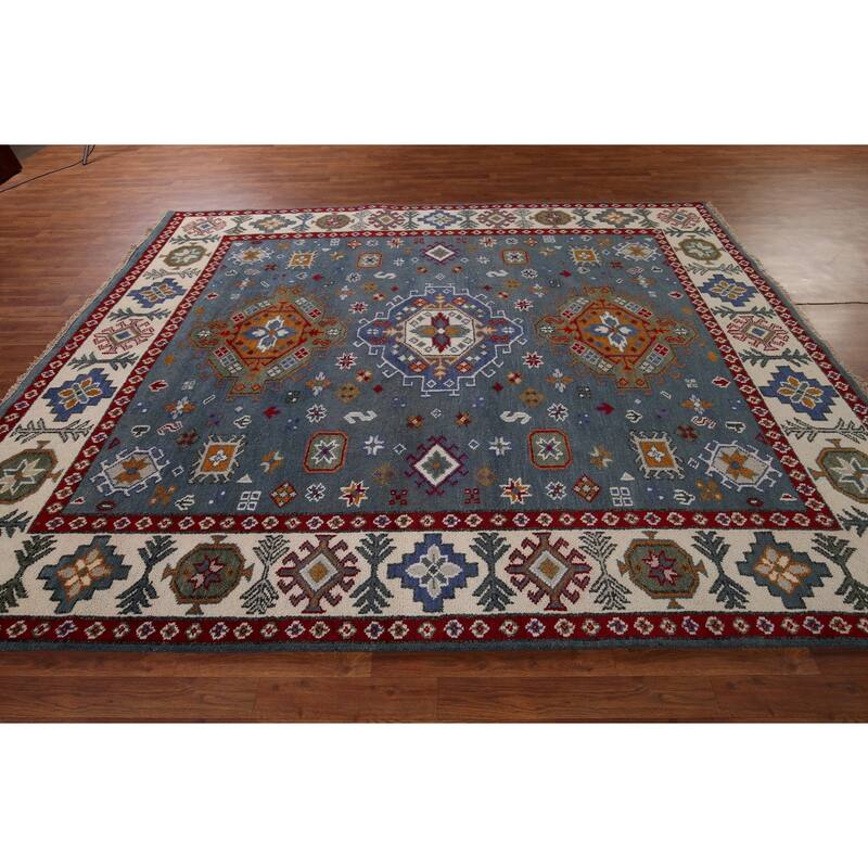Geometric Blue Kazak Oriental Area Rug Hand-Knotted Wool Carpet - 7'11" x 9'9"