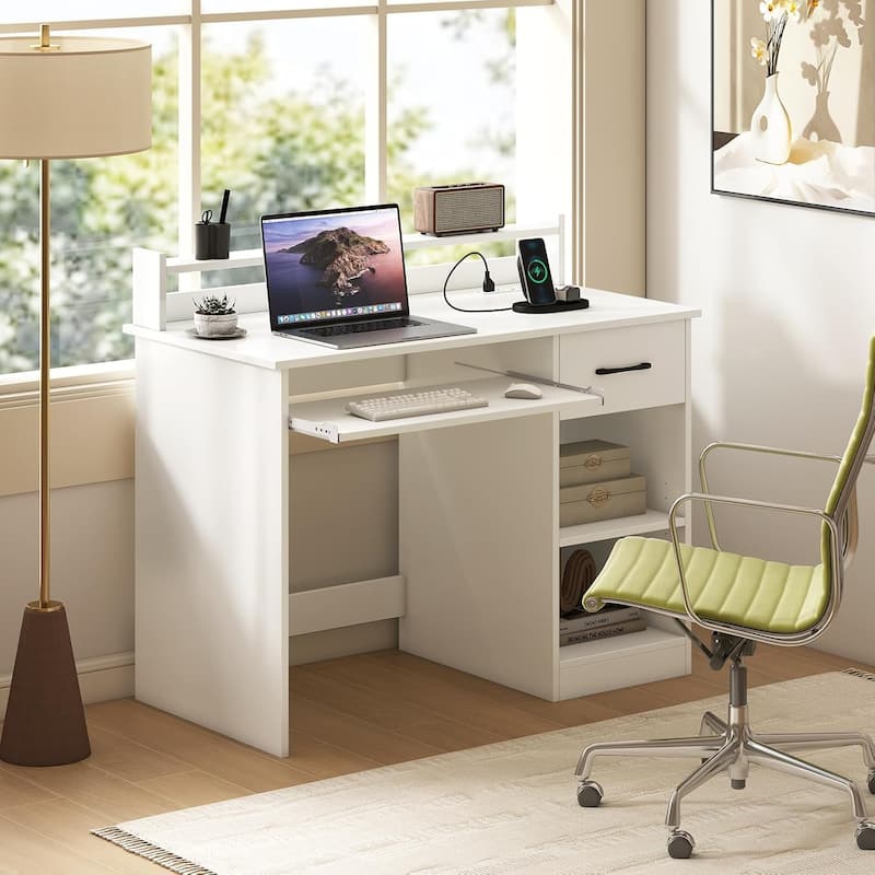 Modern Home Office Desk w/ Tray Monitor Stand & Adjustable Shelf