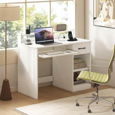 Modern Home Office Desk w/ Tray Monitor Stand & Adjustable Shelf