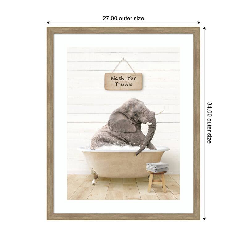 Kate and Laurel Young Elephant in Modern Bathtub Wash Your Trunk by Amy Peterson Framed Wall Art Print