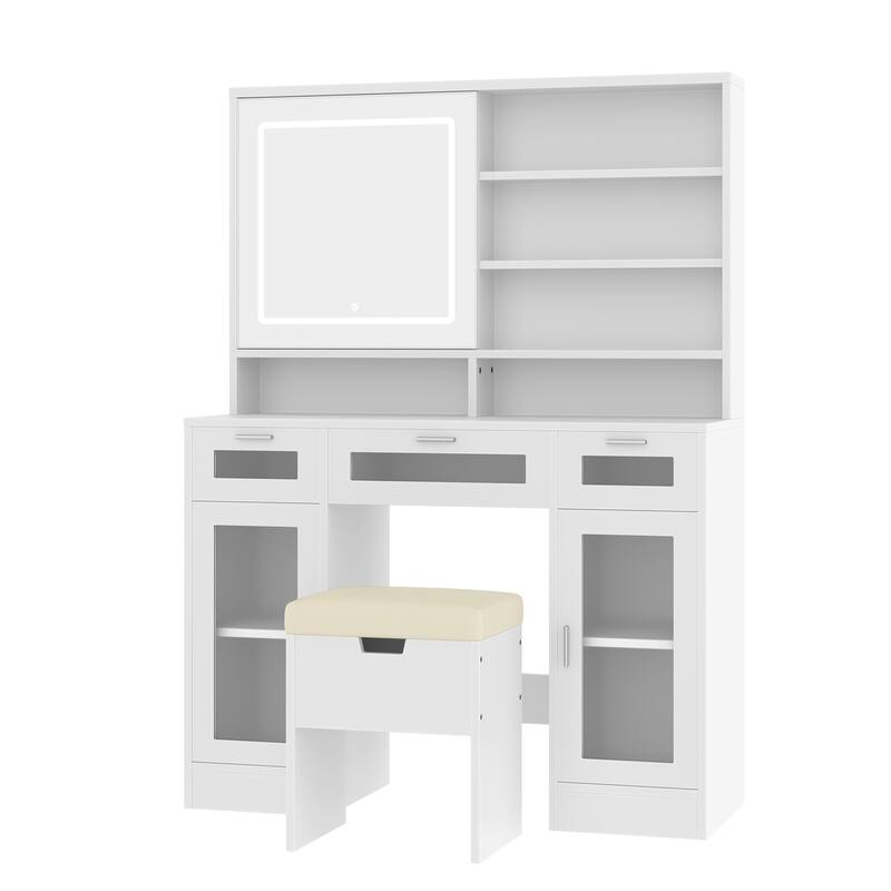 41.3" Makeup Vanity with Sliding Mirror and LED Lights, Dressing Table with Storage Stool, 3 Drawers and 2 RGB Cabinets