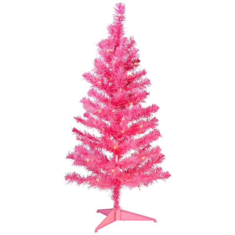 Pre-Lit Tinsel Artificial Christmas Tree - 3' - Pink - Clear Lights - 3 Foot