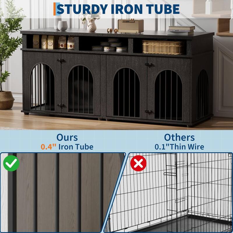 71" Double Dog Crate Furniture, with 3 Storage Shelves and 8 Adjustable Feet