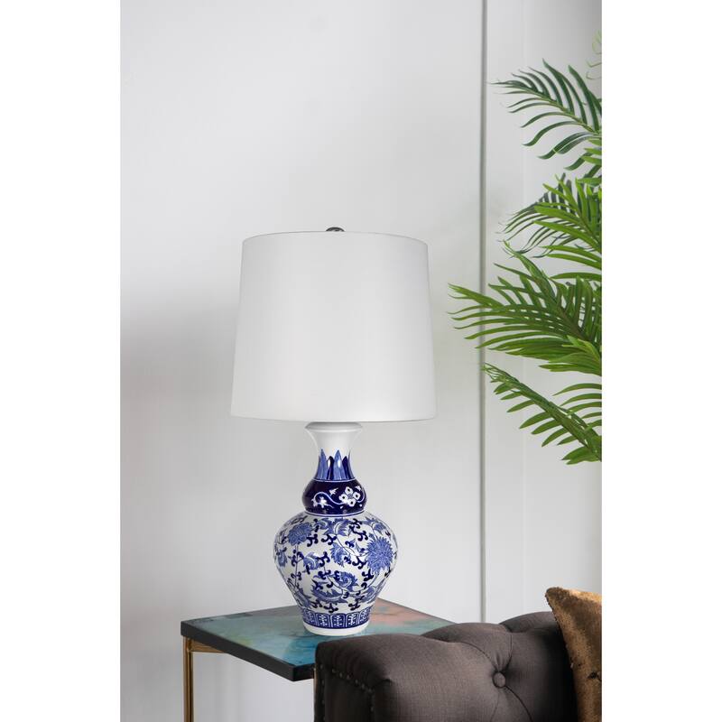 D14x27.6" Blue and White Round Ceramic Vase Lamp - White+Blue