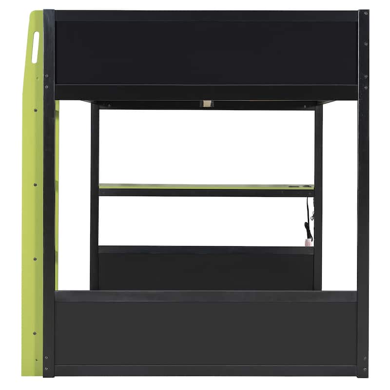 Esports Loft Bed Full Over Full Bunk Bed Frame with Side Mounted Desk, Light Strip, Charging Station and Cable Grommet