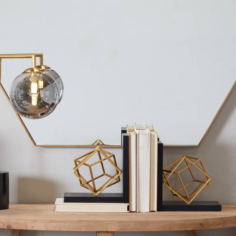 Stainless Steel Metal Geometric Overlapping Cube Bookends with Black Bases - Set of 2 Gold - Roche River Decor - 6"W x 8"L x 8"H